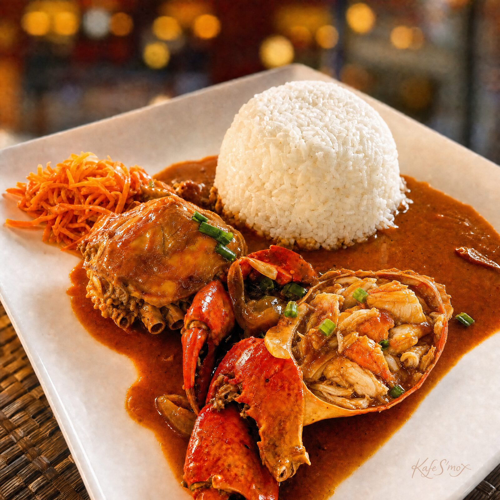 Crabe en sauce servi chez KafeS'mof, spécialité de la maison